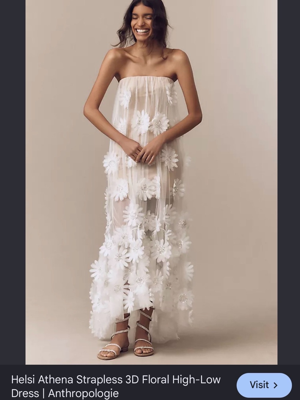 Anthropologie Strapless 3D Floral Sheer Dress — White